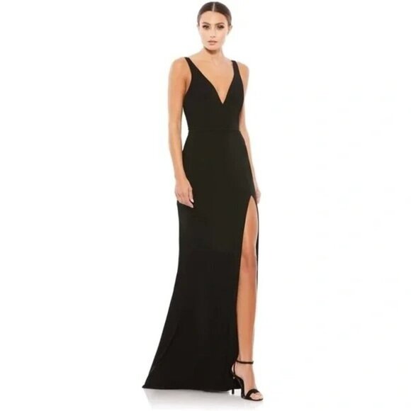 Mac Duggal 25846 Jersey Plunge V-neck Black Gown Dress High Slit Size 4 NWT - Picture 2 of 9